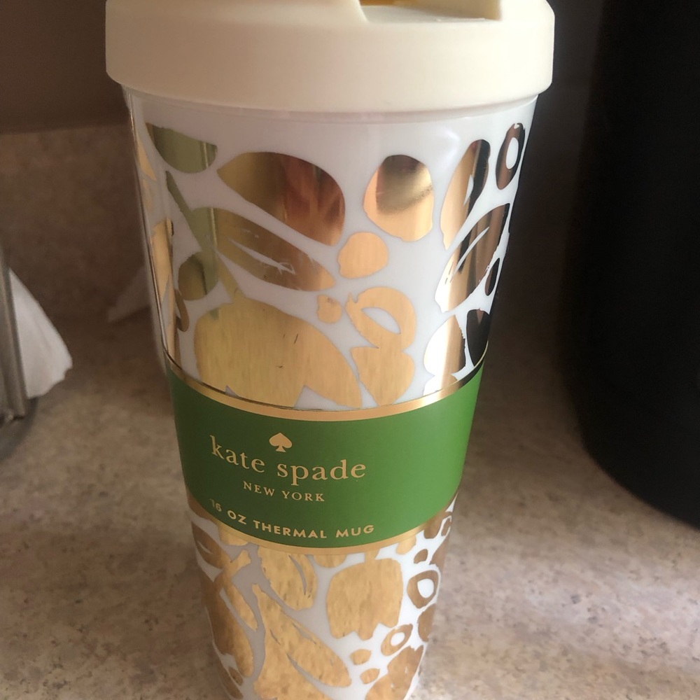 kate spade White Travel Mug with Gold Foil and Green Band